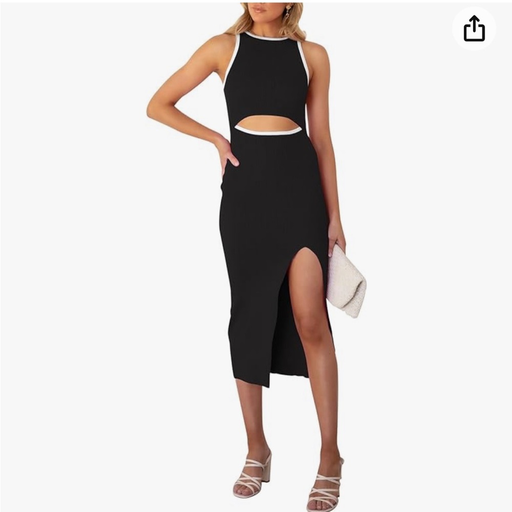 Sleeveless Tank Slit Ribbed Bodycon Midi Dress Black &White Size XL